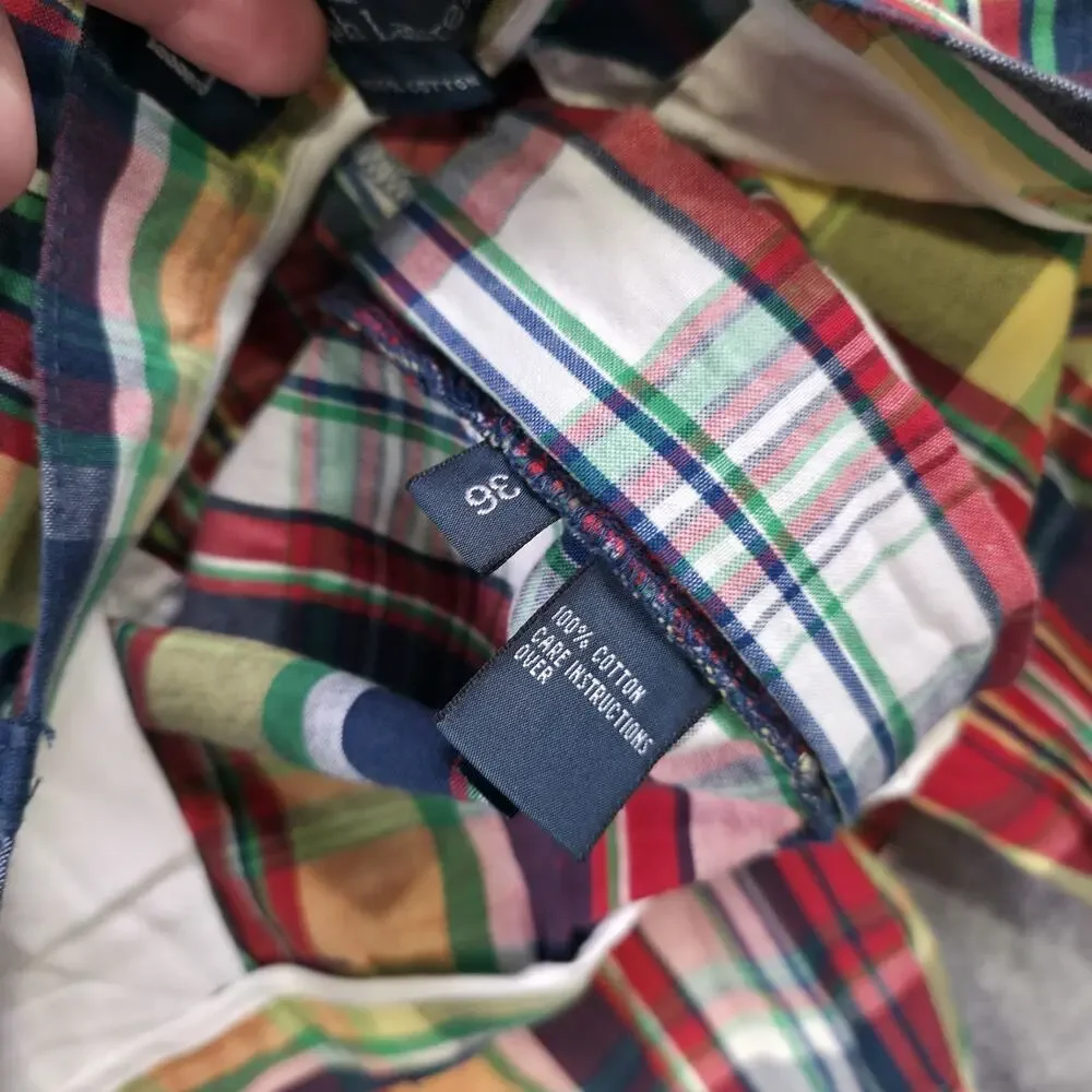VTG Polo Ralph Lauren Shorts Mens 36 Multicolor Madras Plaid Cotton‎ Flat Front